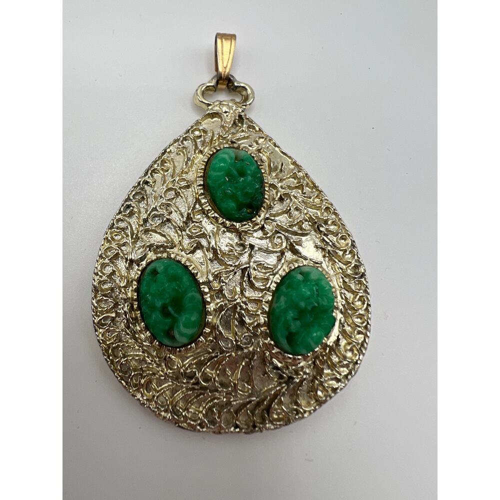 Teardrop Boho Pendant Faux Jade Accents Gold Tone Style‎ Large textured Moroccan